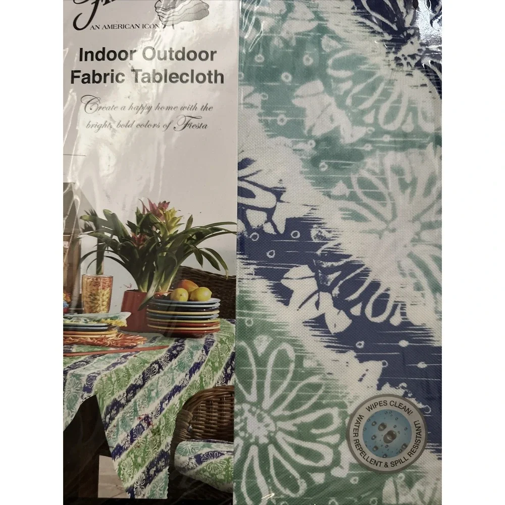 Fiesta Tablecloth 60x84 Oblong Blue Mint Batik Floral Indoor Outdoor Polyester
